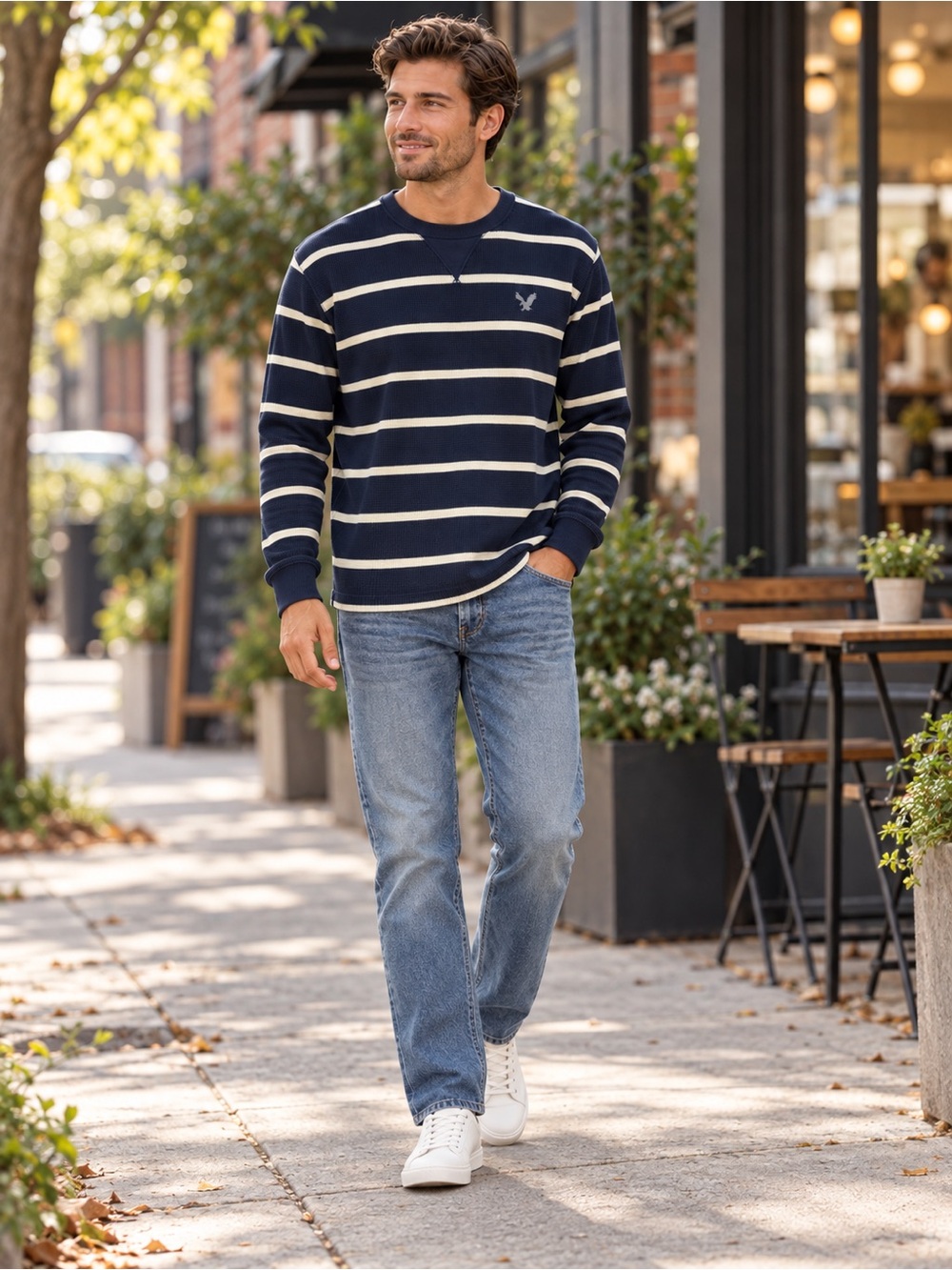 American Eagle Waffle Knit Thermal Shirt XXL Nautical Stripe Y2K Collegiate